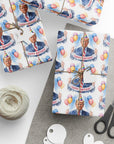 Gift wrap with a birthday-themed design featuring POTUS in a suit carrying balloons and a birthday banner top