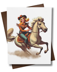 Greeting card with a cowgirl on a horse at full speed cover