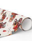 Roll of wrapping paper with rabbit driving a vintage car with roses in the background.