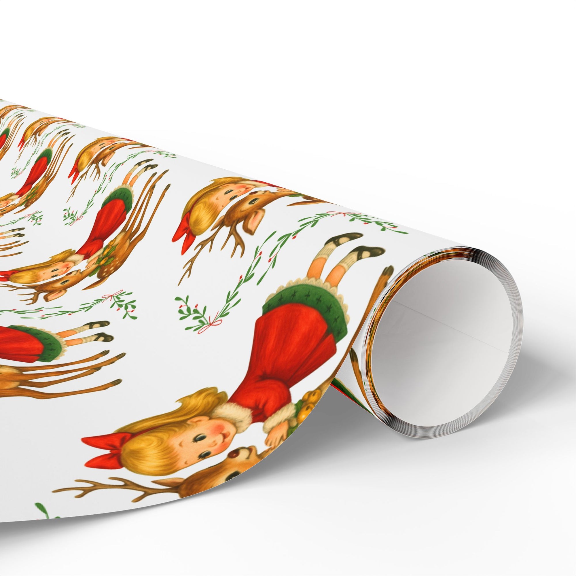 Christmas-themed gift wrap with reindeer and little girl with a red bow on a white background roll view