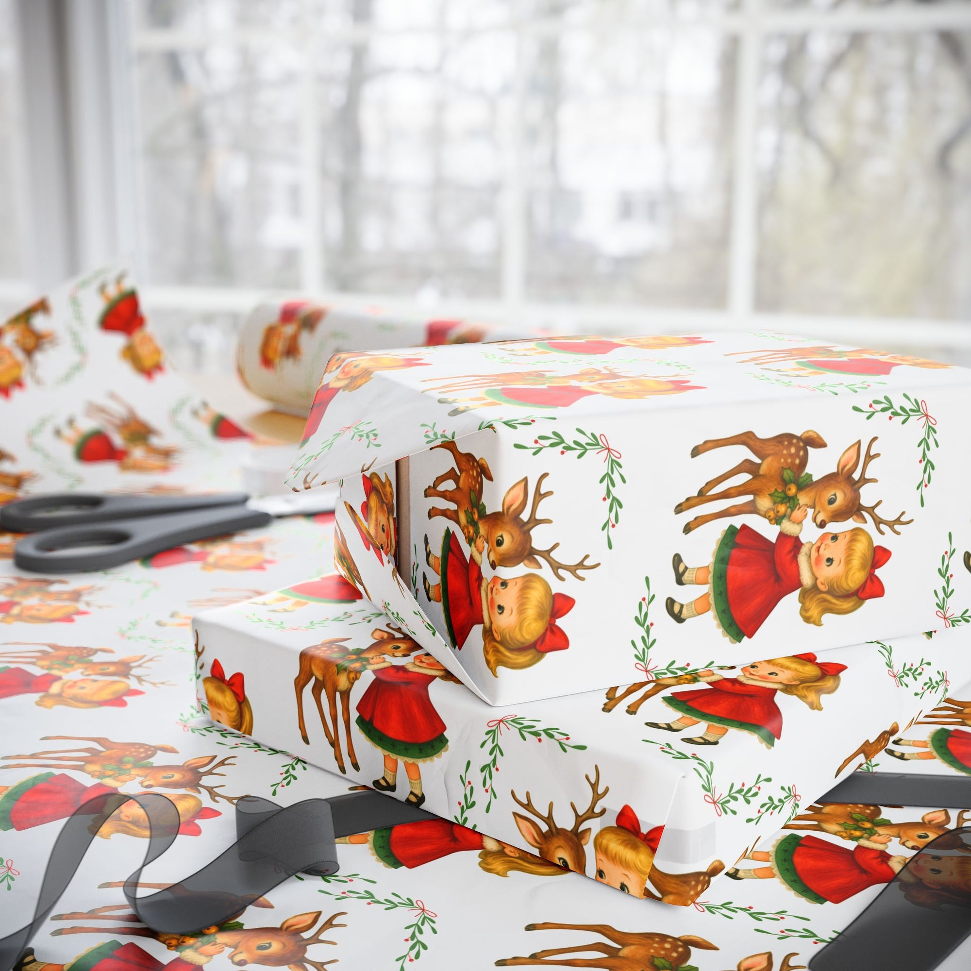 Christmas-themed gift wrap with reindeer and little girl with a red bow on a white background side view