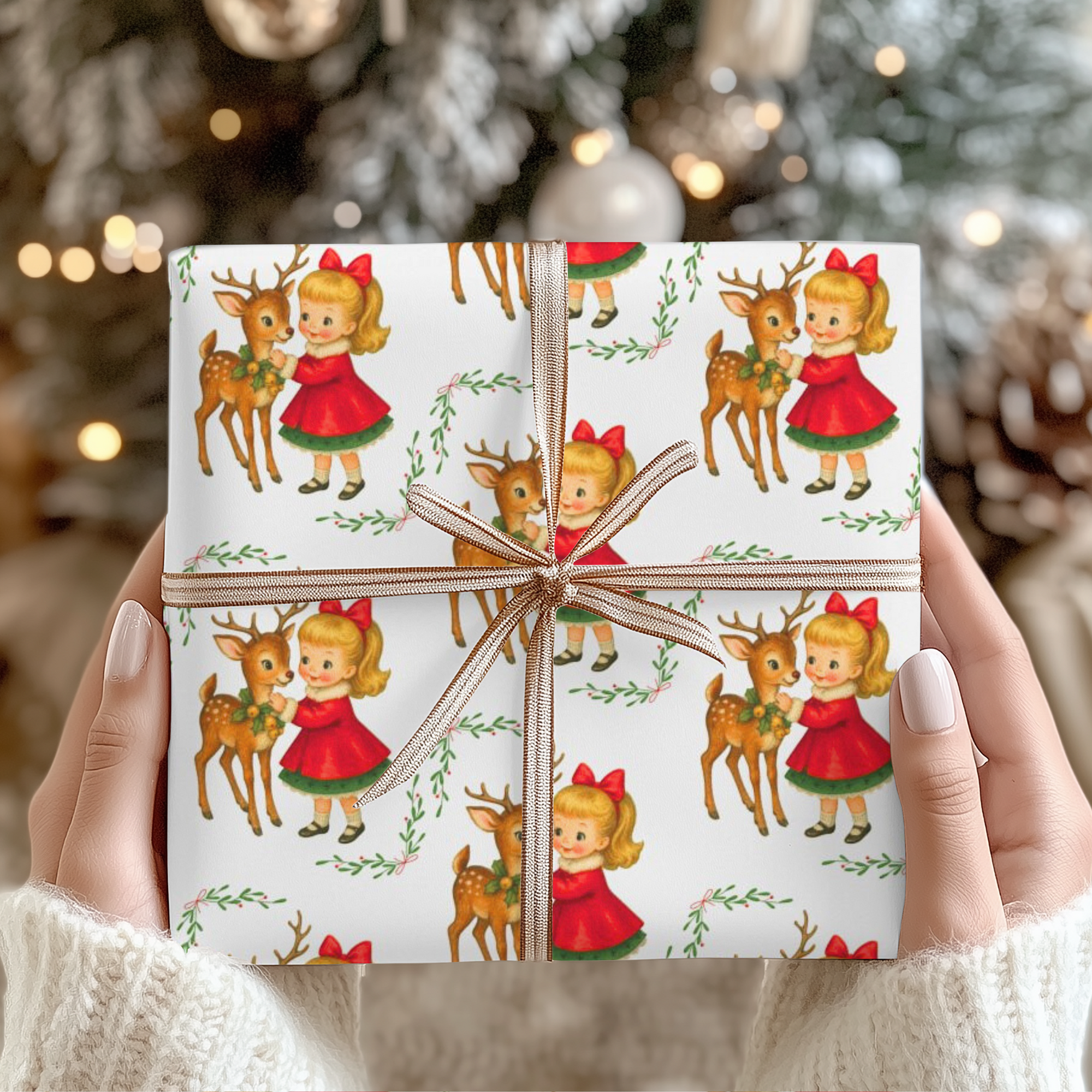 Christmas-themed gift wrap with reindeer and little girl with a red bow on a white background