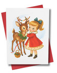 Vintage-style greeting card with a girl and reindeer illustration 50s 60s era