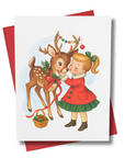 Retro Christmas card with a girl and reindeer illustration on a white background front cover