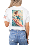 back view white t-shirt with a graphic design of a surfer girl riding a gulf of america surfboard
