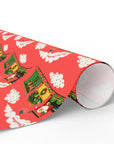 christmas wrapping paper featuring santa at the helm of a retro locomotive, america flag blowing in the wind, on a coral background.