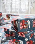 Vintage-style navy Christmas wrapping paper featuring Santa driving a red peppermint train with toys, snowmen, and stars in mid-century Americana style.