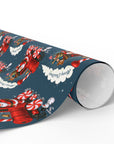 Vintage-style navy Christmas wrapping paper featuring Santa driving a red peppermint train with toys, snowmen, and stars in mid-century Americana style.
