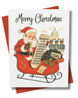 Christmas card with Santa Claus holding a 'Naughty List' and 'Coal' bag, with subpoenas for congress and reindeer dressed as U.S. Marshals with the Washington DC in background