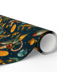 Vintage-style Christmas wrapping paper featuring Santa flying a rocket among planets and stars with mid-century retro colors