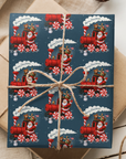 Vintage-style navy Christmas wrapping paper featuring Santa driving a red peppermint train with toys, snowmen, and stars in mid-century Americana style.