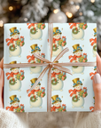 Retro Snowman Christmas Wrapping Paper, Cute Gold Top Hat Snowman with Bluebirds & Gifts