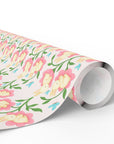 Spring wrapping paper with baby bunnies inside pink flowers and blue butterflies