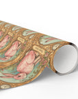 Roll of decorative paper with pink rabbit design on a gold background