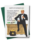 A greeting card for St Patricks Day featuring an illustration of a political figure in a tuxedo sitting on a gold desk with a pot of gold at his feet and subtle rainbow