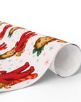 Roll of Christmas-themed wrapping paper with little girl and teddy bear design.