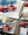 Gift wrapped in christmas paper with santa driving for team usa in a bright red vintage sportcar.