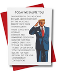 Veteran Birthday card with a presidential salute and celebratory text on a red envelope.