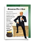 Trump 0047 St. Patrick's Day card with Trump as 0047, investigating a pot of gold and shamrocks in a James Bond spy parody style.