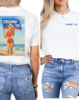 White t-shirt with vintage-style graphic and 'TRUMP '28' text, worn by a person with ripped jeans.