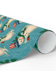 Patriotic snowman wrapping paper with Uncle Sam hats and holly on teal snowy background