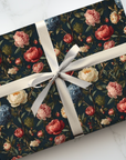 vintage floral wrapping paper with roses hydrangeas and peonies on dark background