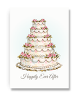 Vintage wedding cake congratulations card with tiered cake decorated with pink roses and happily ever after message.