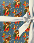 Vintage retro reindeer Christmas wrapping paper featuring ornaments, a candle and bells on a navy background.
