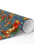Vintage retro reindeer Christmas wrapping paper featuring ornaments, a candle and bells on a navy background.
