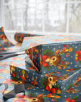 Vintage retro reindeer Christmas wrapping paper featuring ornaments, a candle and bells on a navy background.