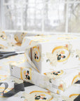 Vintage wedding wrapping paper featuring a retro bride and groom swinging on a golden wedding ring tied with a ribbon bow