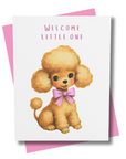 Greeting card with a vintage poodle and 'Welcome Little One' text on a pink envelope.
