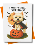 Retro-style greeting card features a Westie Dog dressed as a vampire, perched on a smiling jack-o’-lantern under a full moon.