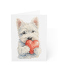 Illustration of a westie dog holding a red heart on a white background