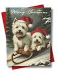 Christmas card with two westie dogs in Santa hats on a sleigh, set against a snowy landscape.