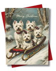 christmas card of snowy scene featuring westies sledding