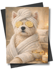 Westie in a bathrobe with lemon slices on eyes, candles, and towels in the background