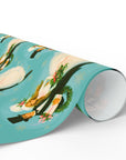 1960s inspirited wrapping paper roll featuring a retro bride and groom in winter wedding wear on a turquoise background