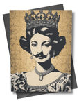 Card with a stylized illustration of a woman wearing a crown, jewelry and a mustache on a decorative background