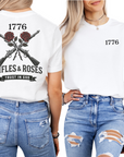 woman wearing white t-shirt with 1776 Rifles & Roses Trust in God design front and back image