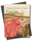 Greeting card with a vintage-style illustration of a woman in a pink dress lying on a leopard print couch, with text 'You're My Favorite Dream'.