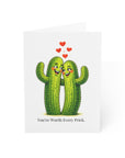 Card with two cacti hugging and text 'You're Worth Every Prick' on a white background