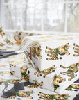 childrens retro wrapping paper featuring a zebra wearing a party hat and bow on a white background