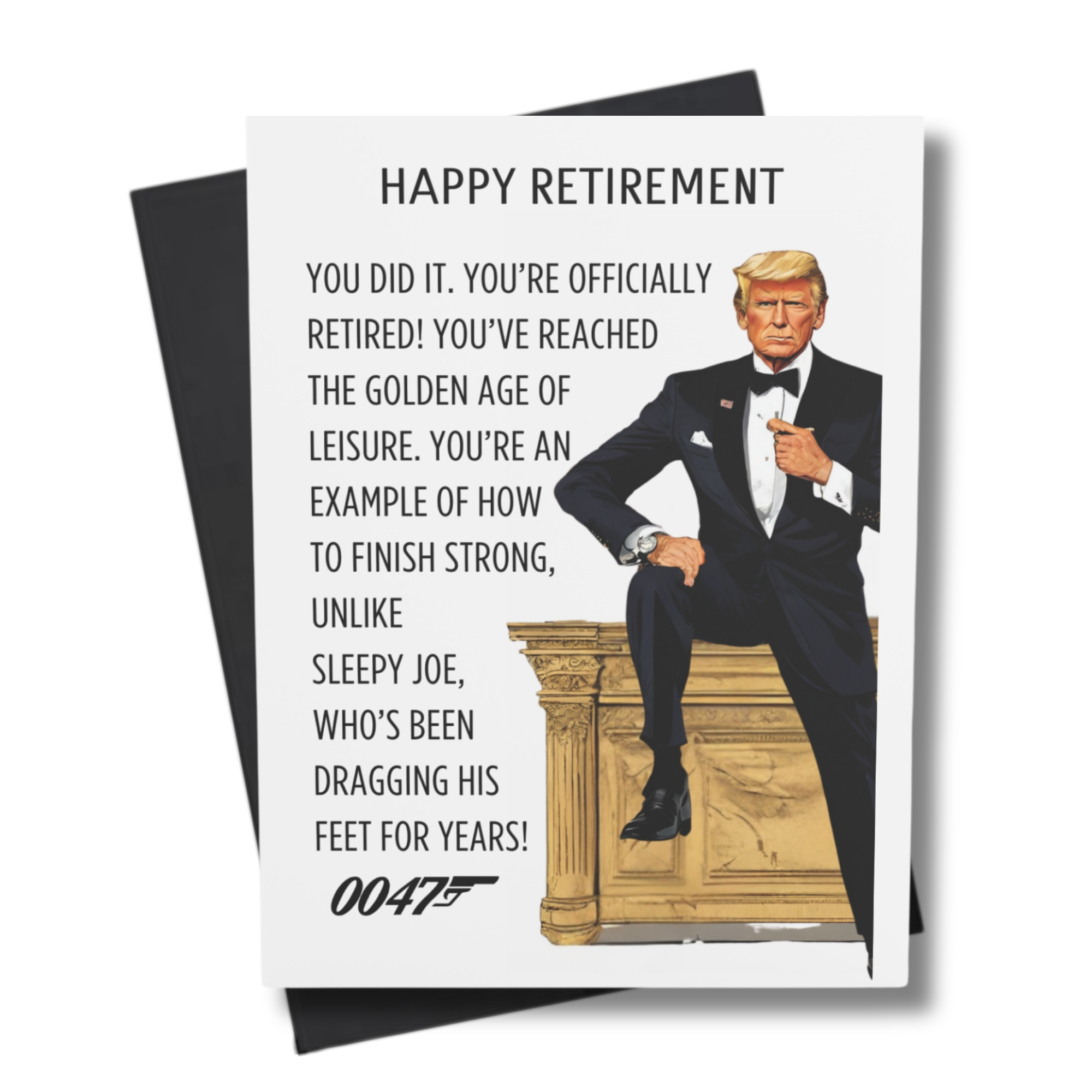 Front cover of 0047 Retirement Card – Golden Age of Leisure with spy theme