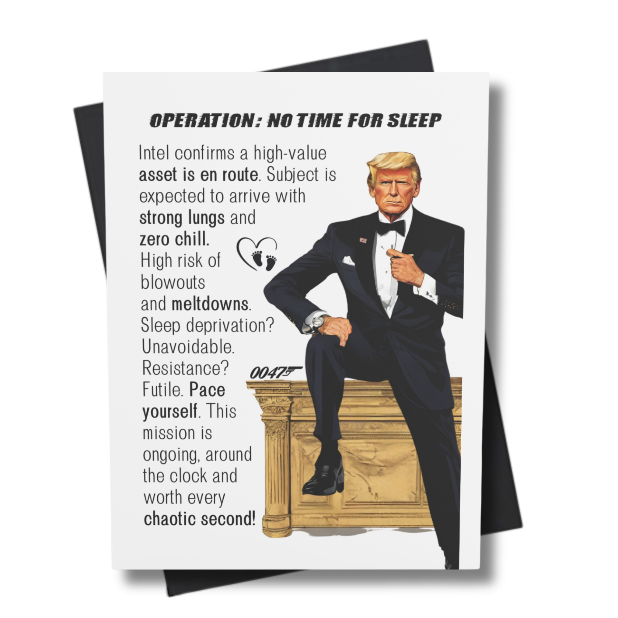 Front cover of 0047 Baby Card – No Time to Sleep with secret agent theme