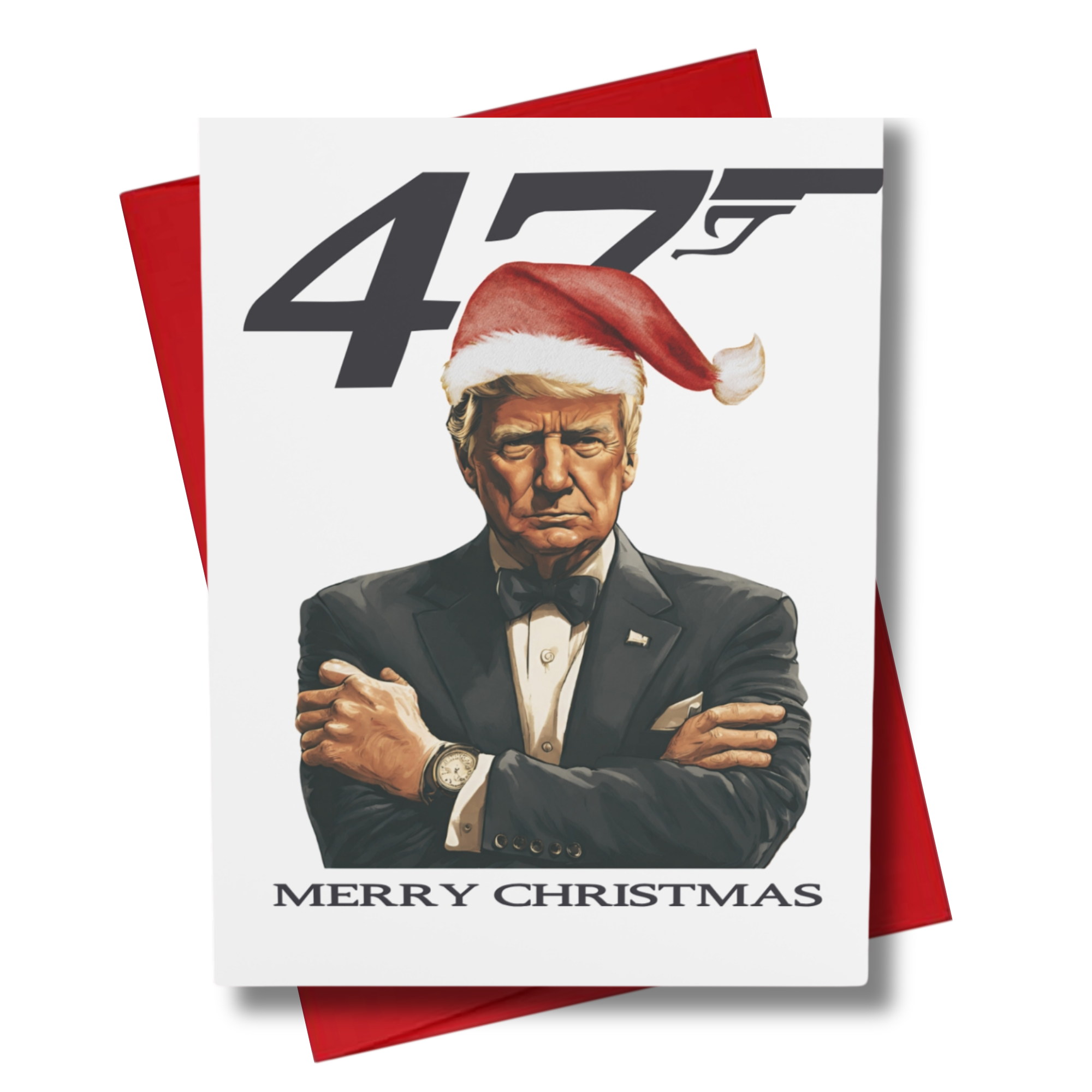 Spy theme card with a 0047 and president wearing a tux and also a Santa hat with text 'Merry Christmas' with red envelope