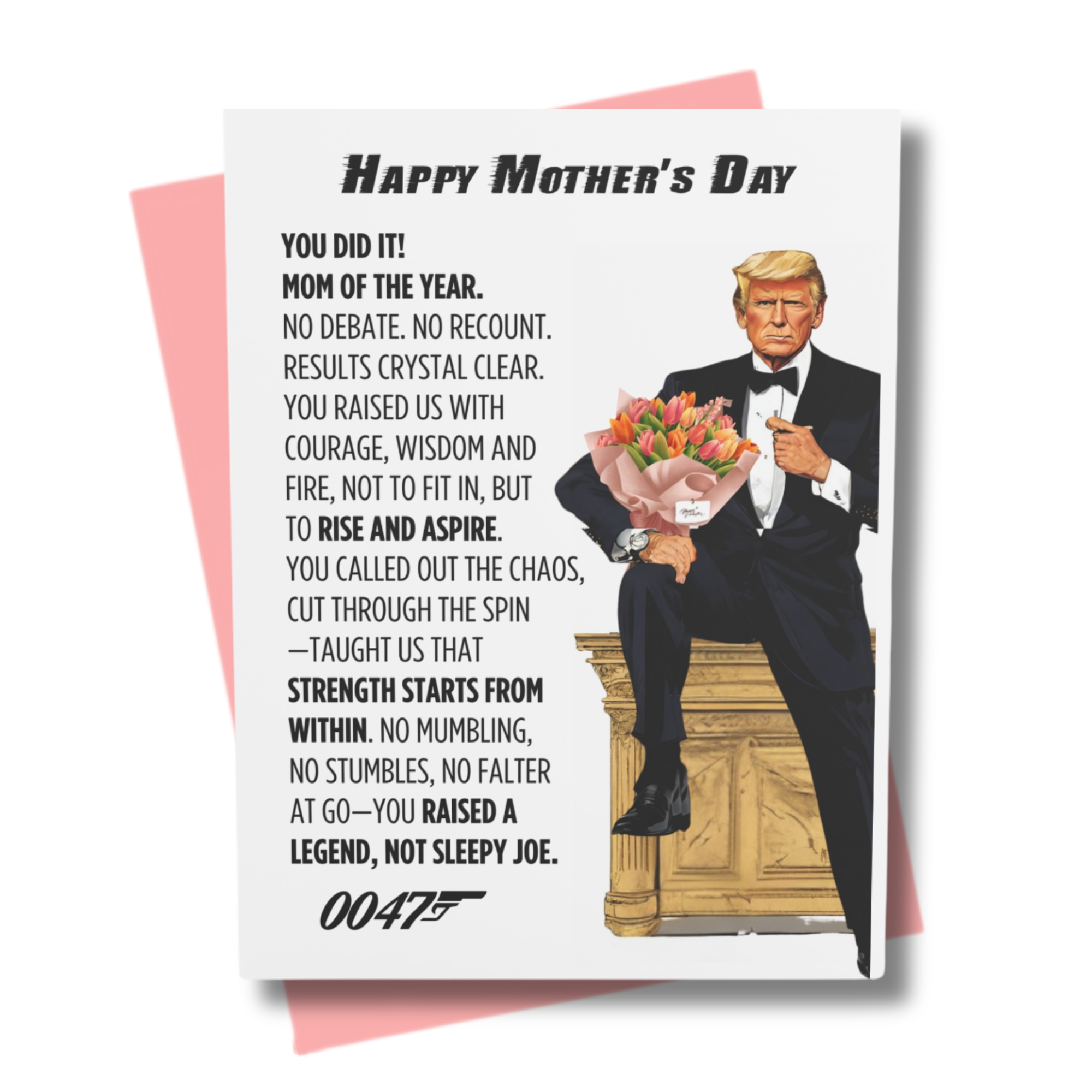 a whimsical image of the president wearing a tuxedo sitting on a gold desk holding flowers for Mothers Day card with funny sleepy joe text