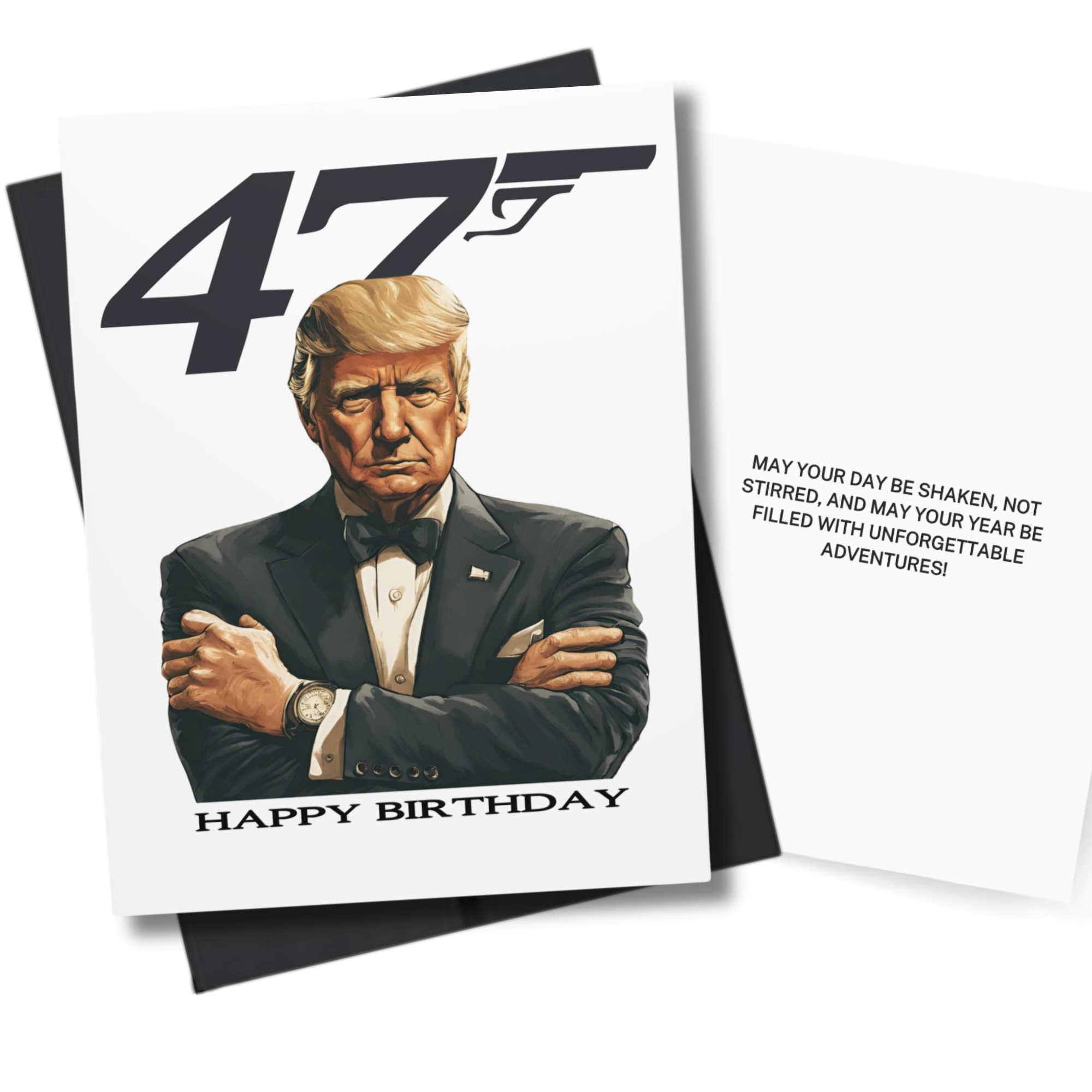 0047 Birthday card with the president in a tuxedo and bow tie, resembling a famous spy character, with text on a white background