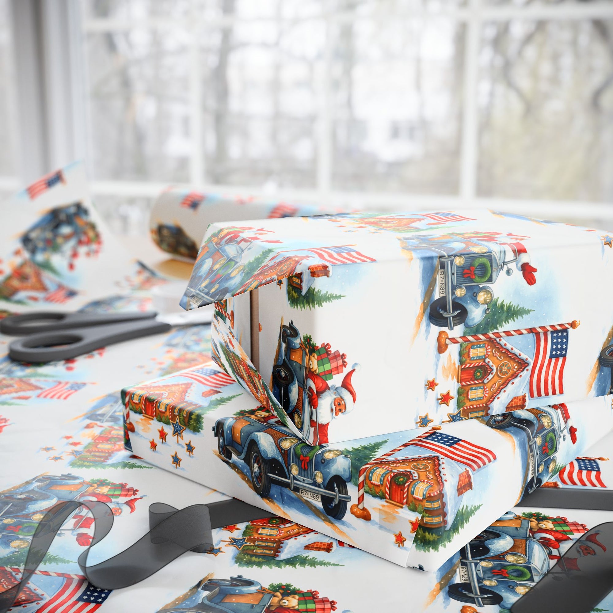 Patriotic Santa in Rolls Royce Style Car Gingerbread Christmas Wrapping Paper