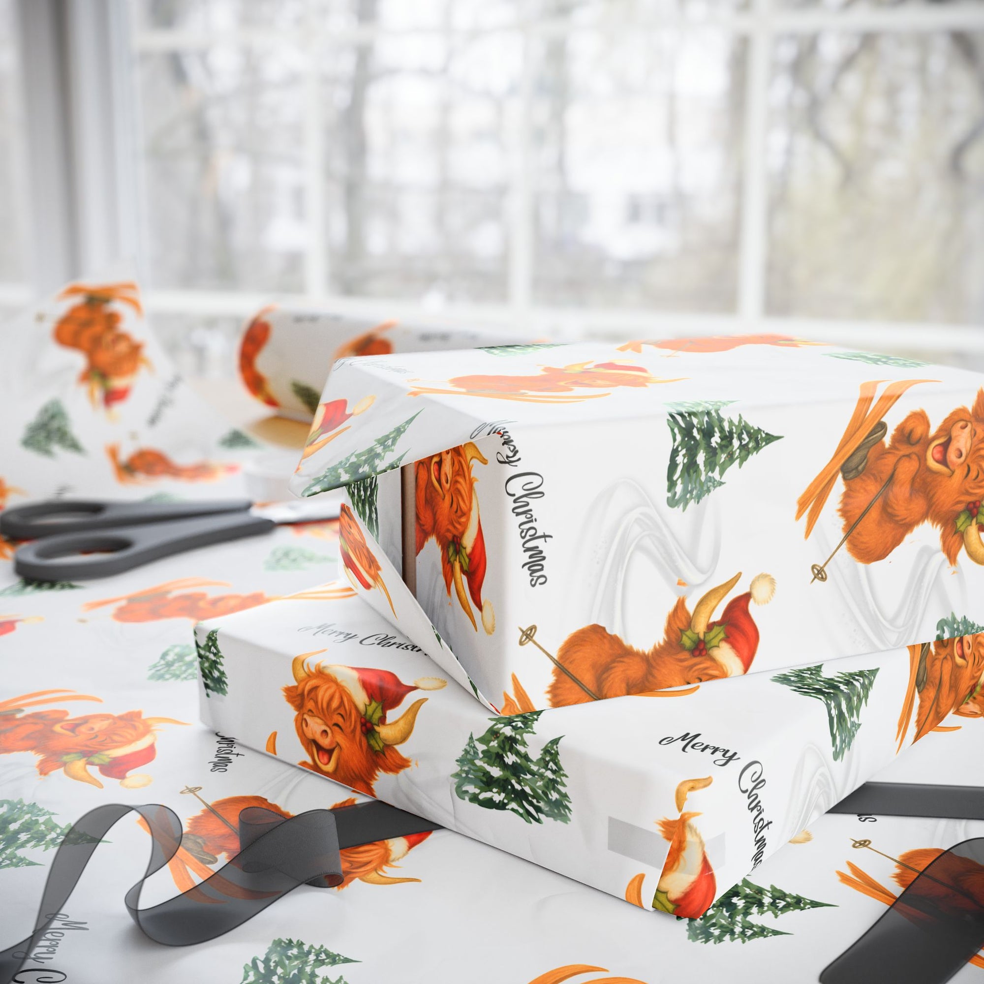 Highland Cow Skiing Christmas Wrapping Paper
